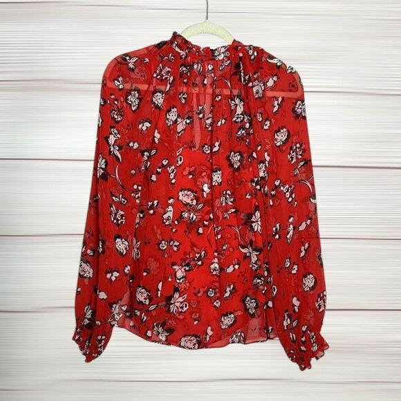 NWOT Veronica Beard Silk Blouse Red Floral Ruffle Trim Long Sleeve Top US 8 - Picture 10 of 16